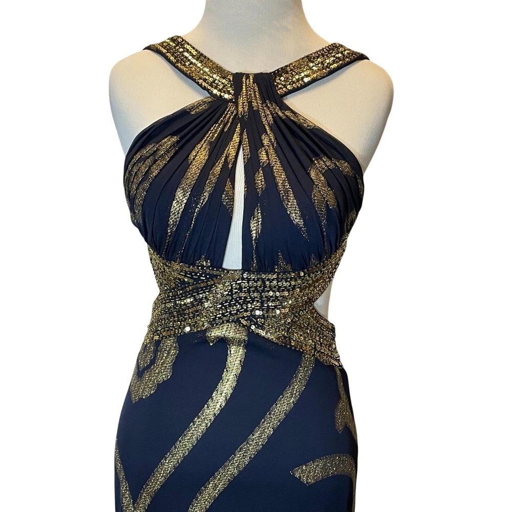 Betsy Adams Gown Size 12 Navy Gold Sequin Open Back Halter Style Formal Dress